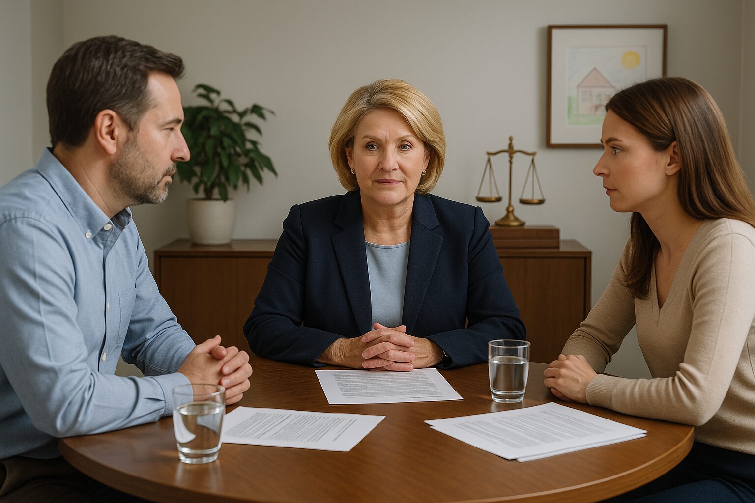 Mediator and opposing parties sitting at a table